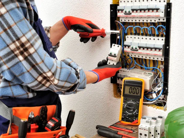 Eletricista trabalhando em quadro elétrico