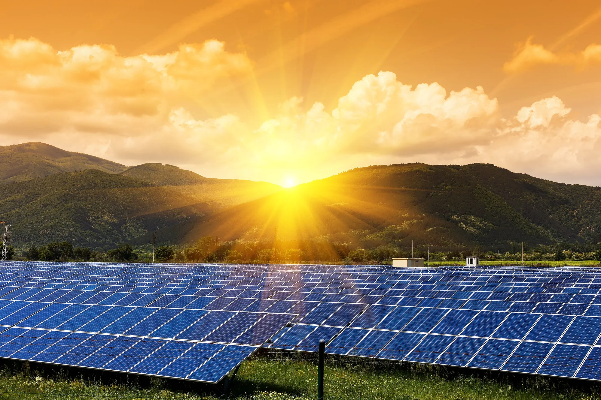 Painéis solares fotovoltaicos com pôr do sol ao fundo